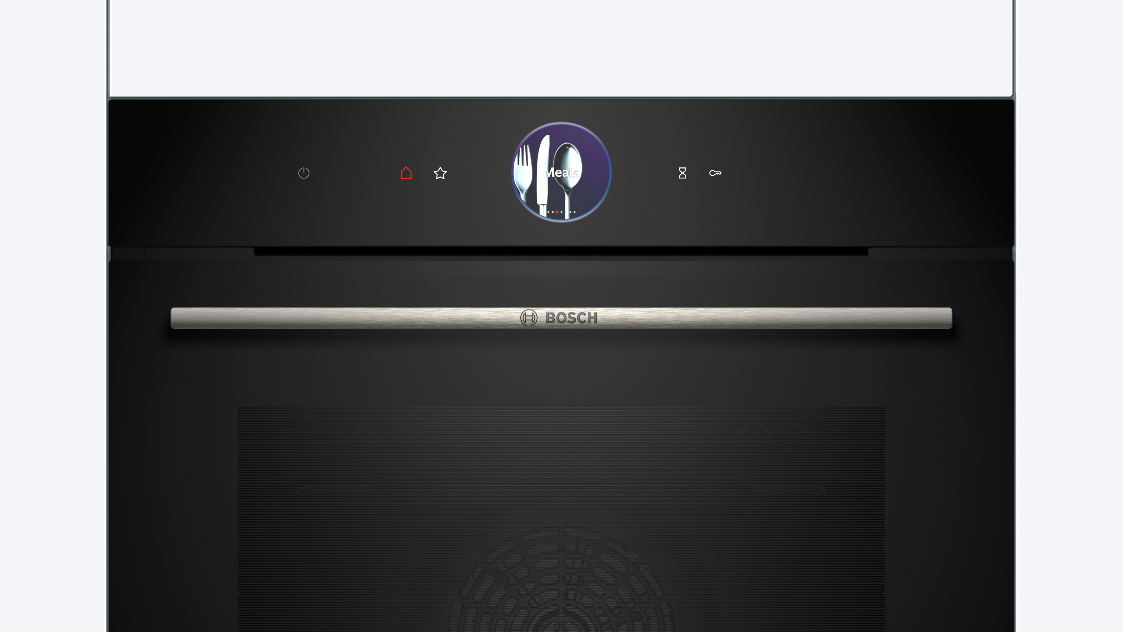 Ein schwarzes Backofen-Bedienfeld mit Touchscreen, mit dem Bosch-Logo, weißer Hintergrund.