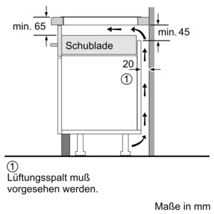Diagramm, das den Einbau einer Schublade unter einem Kochfeld zeigt, mit Abmessungen und Pfeilen, die den Luftstrom anzeigen.