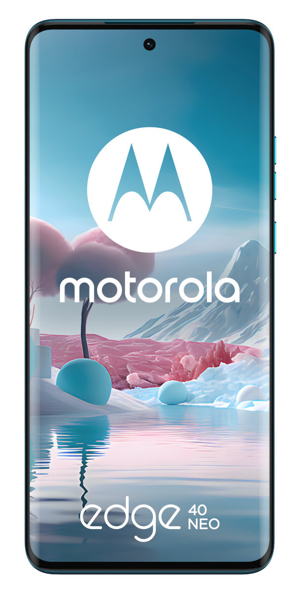 Niebieski smartfon z ekranem wyświetlającym scenę natury i logo Motorola.