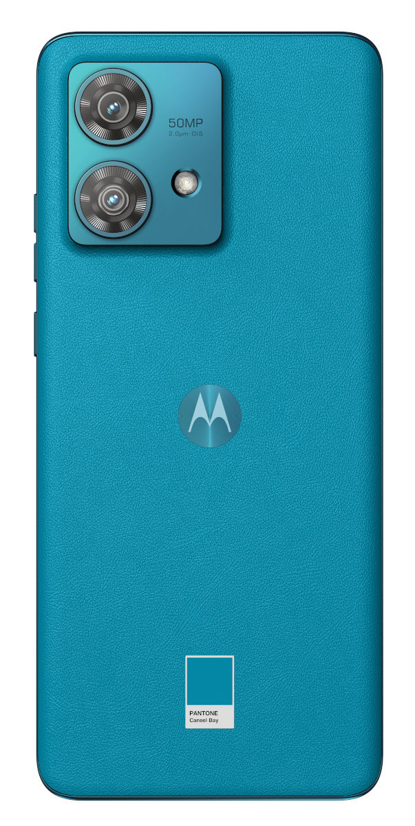 Turkusowy tył telefonu z obiektywami aparatu, logo 'Motorola' i próbką koloru 'Pantone'.