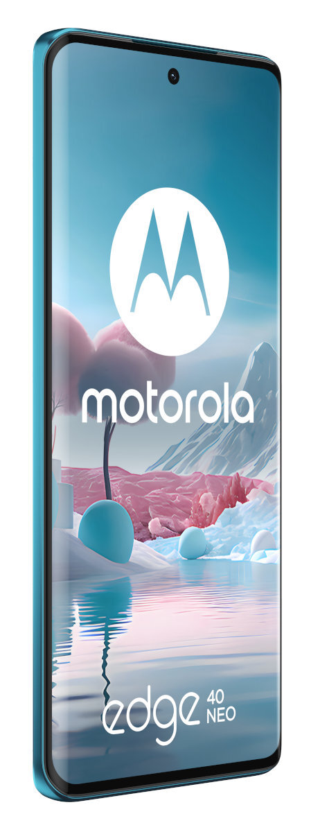 Telefon Motorola Edge 40 Neo jest pokazany z kolorowym krajobrazem na ekranie, turkusową ramką i białym tłem.