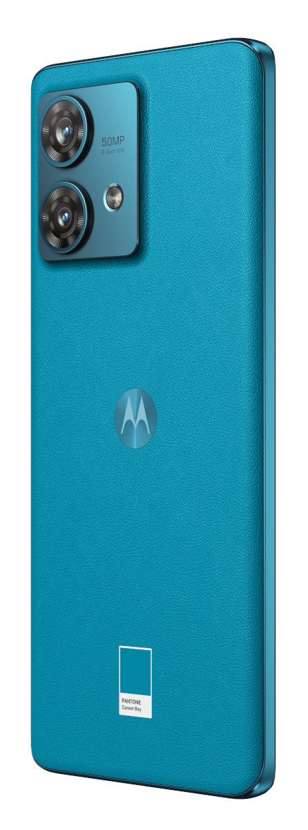 Turkusowy telefon Motorola, widok z tyłu, z podwójnym aparatem i logo Motorola. Widoczne logo Pantone.