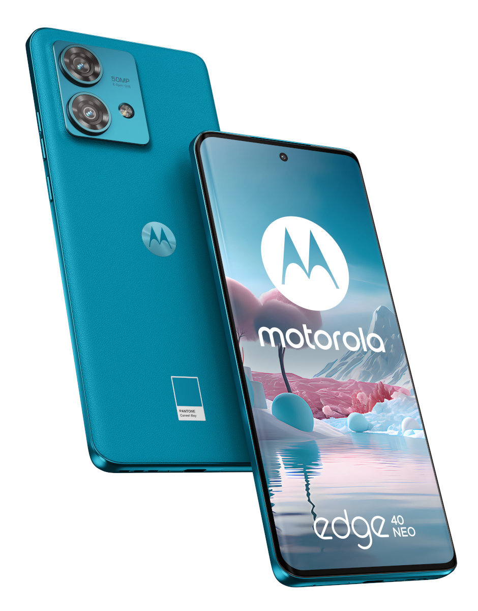 Telefon Motorola Edge 40 Neo, turkusowy, pokazujący przód i tył.