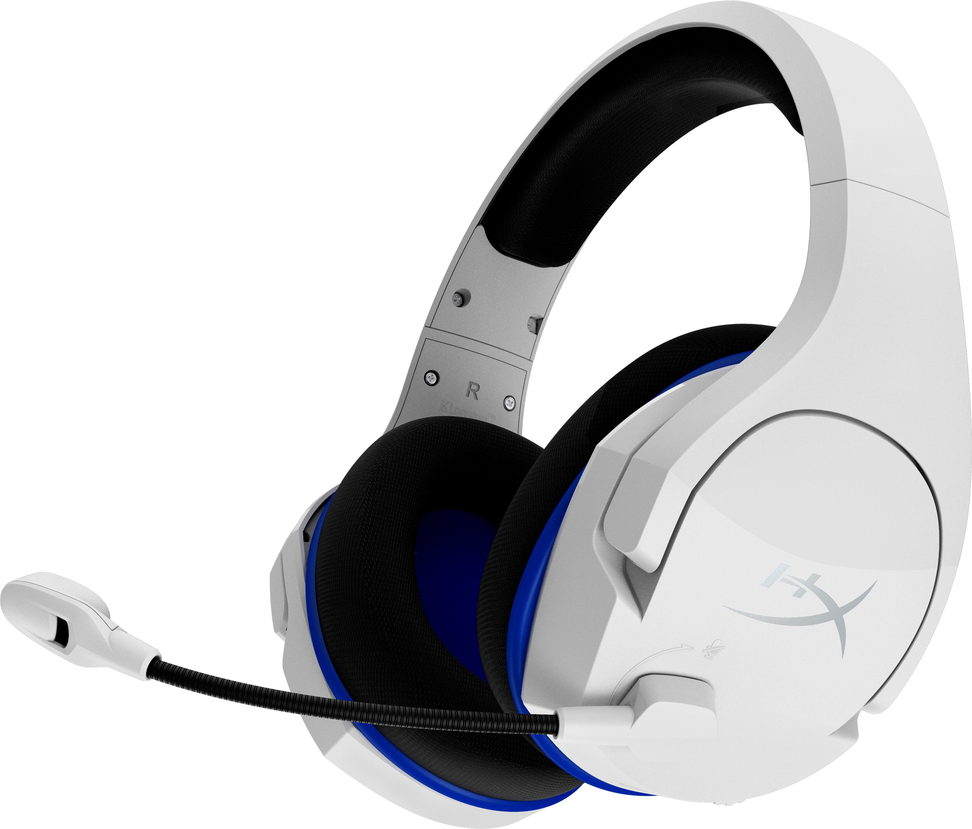 Weißes HyperX Gaming-Headset mit Mikrofon, vor weißem Hintergrund.