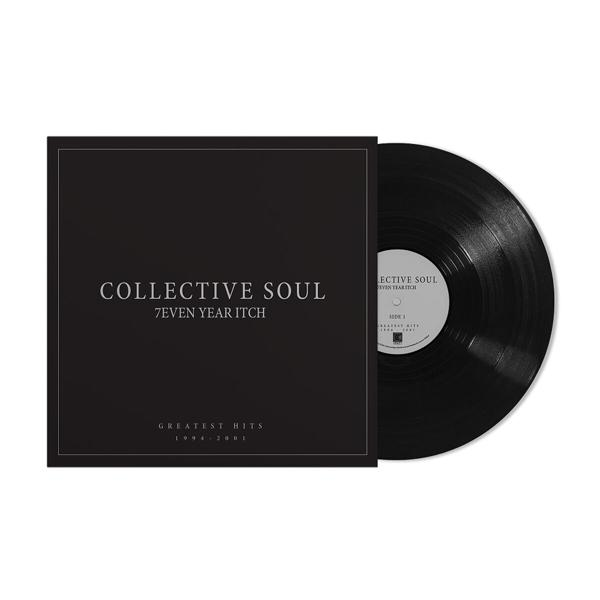 Vinil lemez és borító. Fekete borító fehér szöveggel: 'Collective Soul 7even Year Itch'. Fehér háttér.