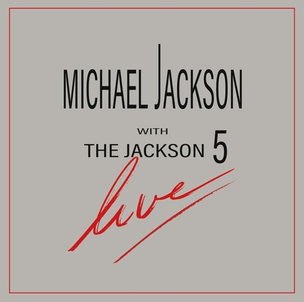 Text auf grauem Hintergrund. Liest 'Michael Jackson with The Jackson 5 Live' in Schwarz und Rot.