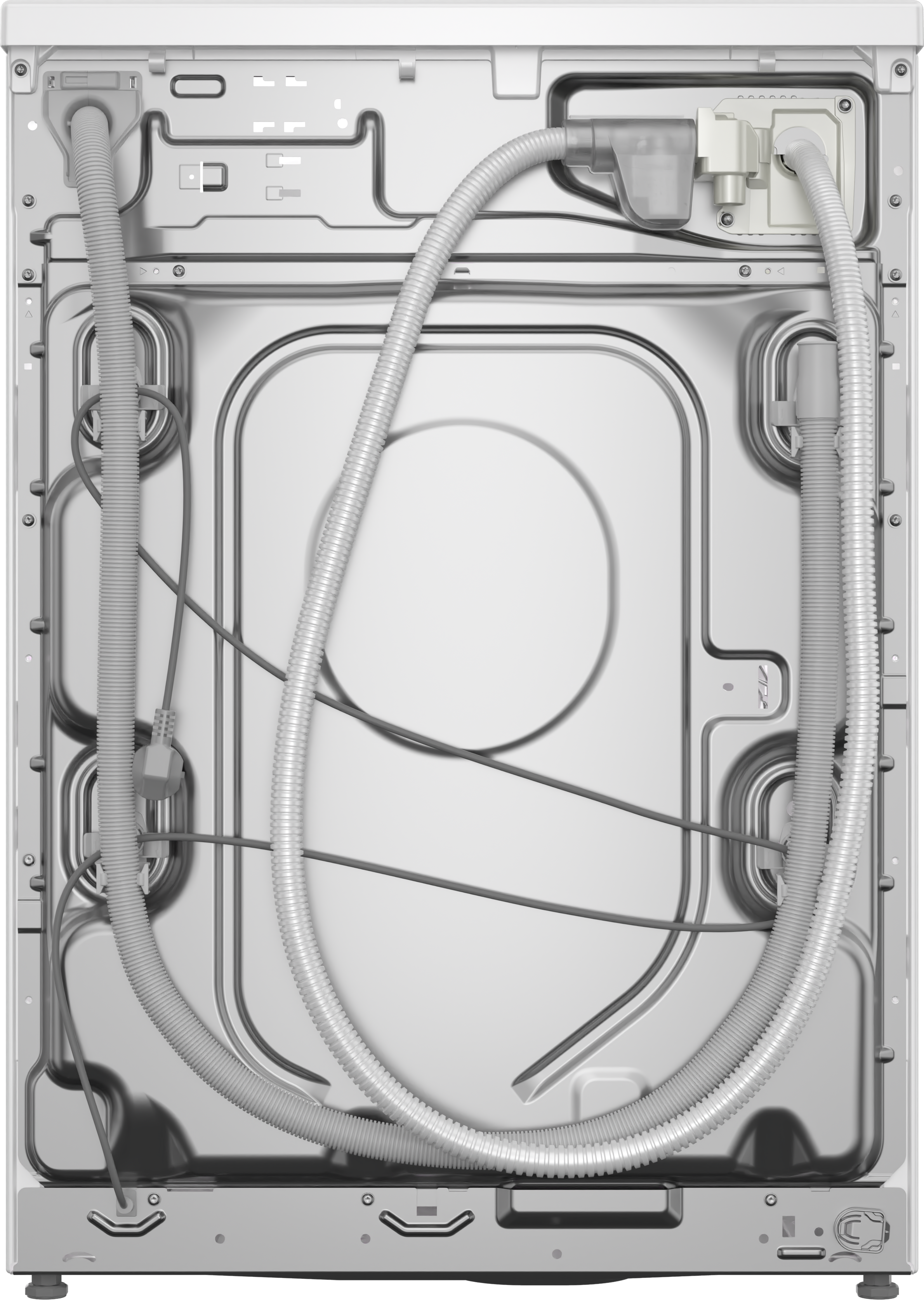 Rückseite einer Waschmaschine. Silbernes Metallpaneel mit Schläuchen, Netzkabel und weißen Kunststoffkomponenten.