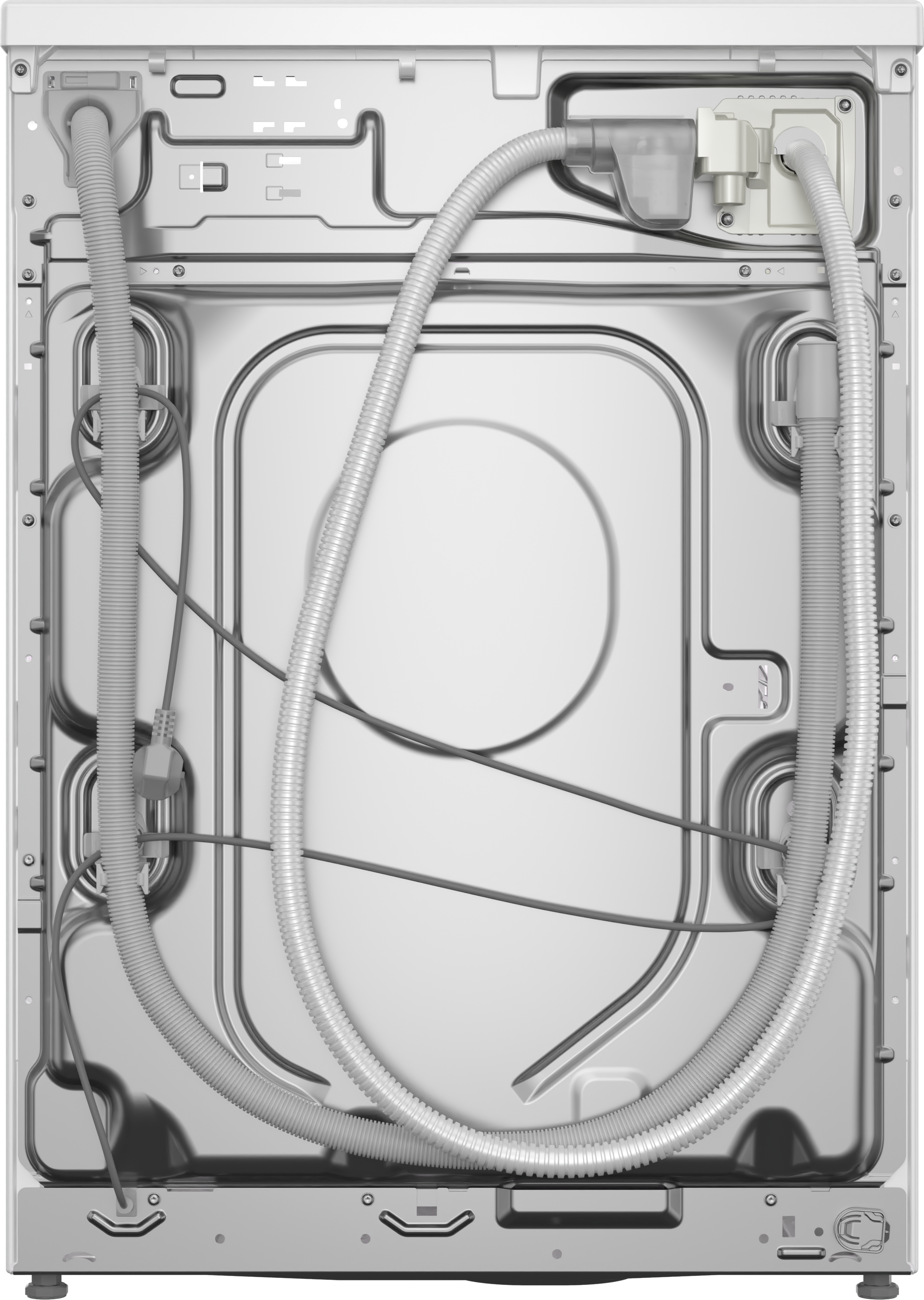 Rückseite einer Waschmaschine. Schläuche, Drähte und verschiedene Komponenten sind vor weißem und grauem Metallhintergrund zu sehen.