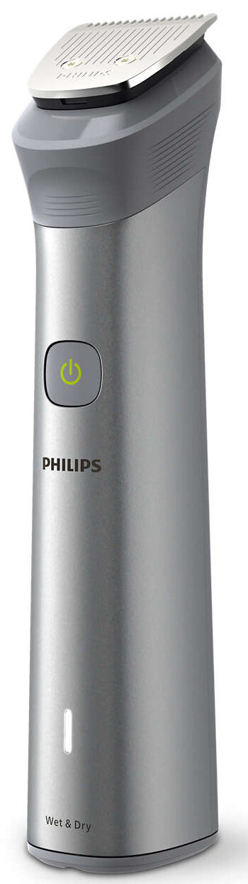 Srebrna golarka elektryczna Philips. Posiada przycisk zasilania i napis "Wet & Dry". Głowica golarki jest biała.