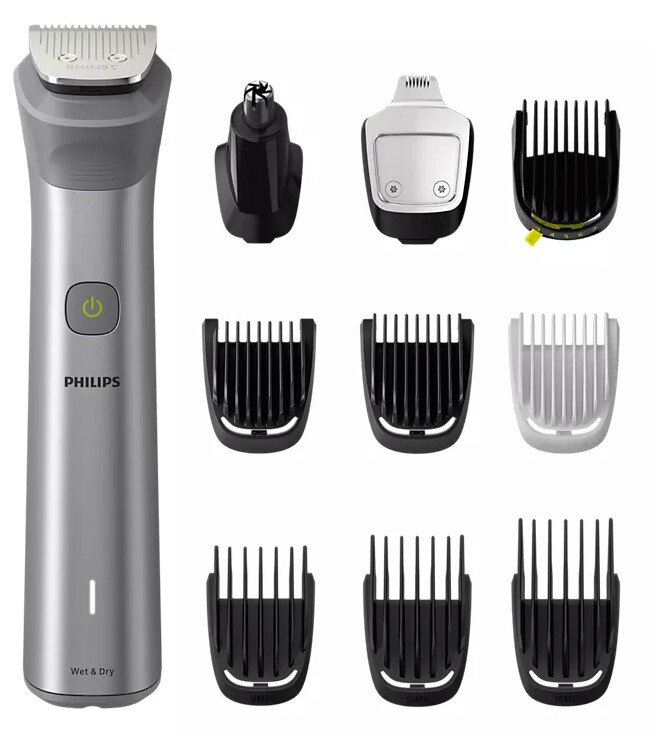 Srebrna maszynka Philips multigroomer z wieloma nasadkami.