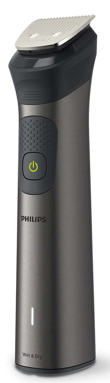 Ciemnoszara golarka elektryczna Philips z przyciskiem zasilania i białym wskaźnikiem.