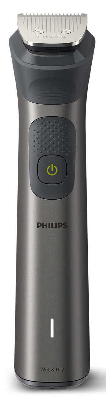 Czarno-szara maszynka do ciała Philips z przyciskiem włączania/wyłączania i ostrzem.