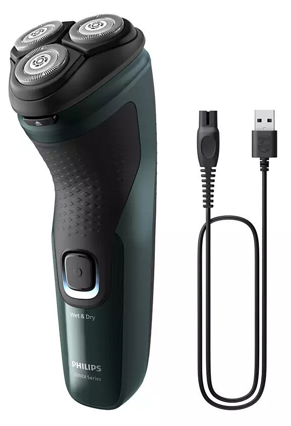 Golarka elektryczna z trzema głowicami i kablem ładującym.