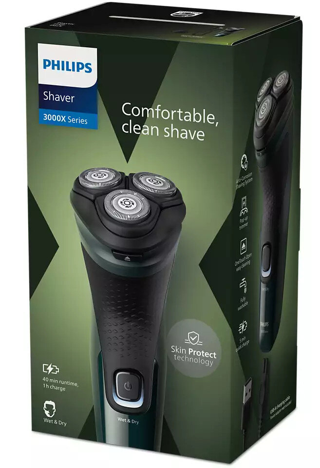 Golarka elektryczna Philips w pudełku. Zielono-czarne pudełko ze zdjęciem produktu i tekstem. Białe tło.