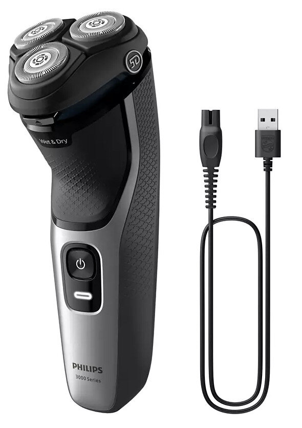 Czarno-srebrna golarka elektryczna Philips z kablem do ładowania. Białe tło.