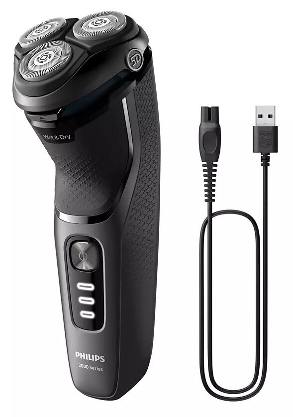 Czarna golarka elektryczna Philips z kablem ładującym na białym tle.