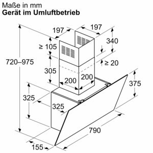 Diagramm einer Kaminhaube mit Abmessungen in Millimetern, weißer Hintergrund.