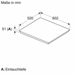 Die Abmessungen eines Kochfelds werden in mm auf weißem Hintergrund gezeigt.