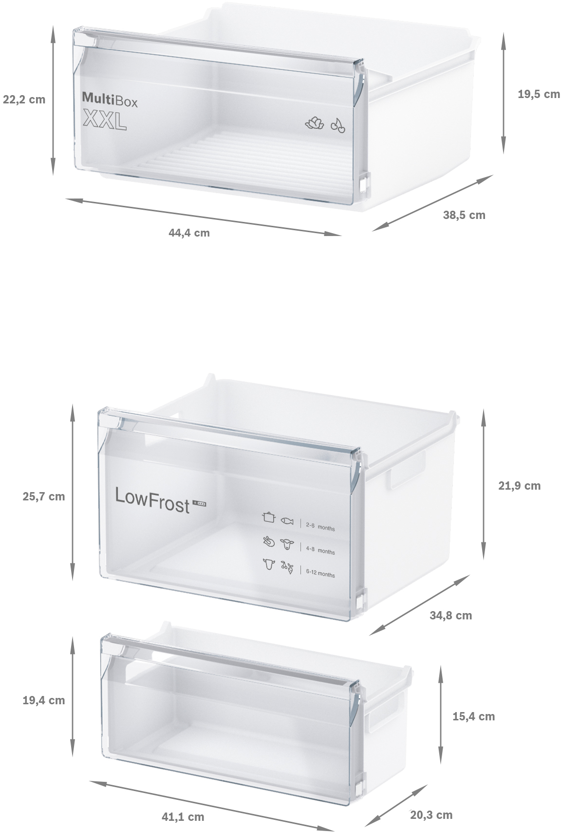 Diagramme, die die Abmessungen von Kühlschubladen zeigen, mit Maßangaben in cm.