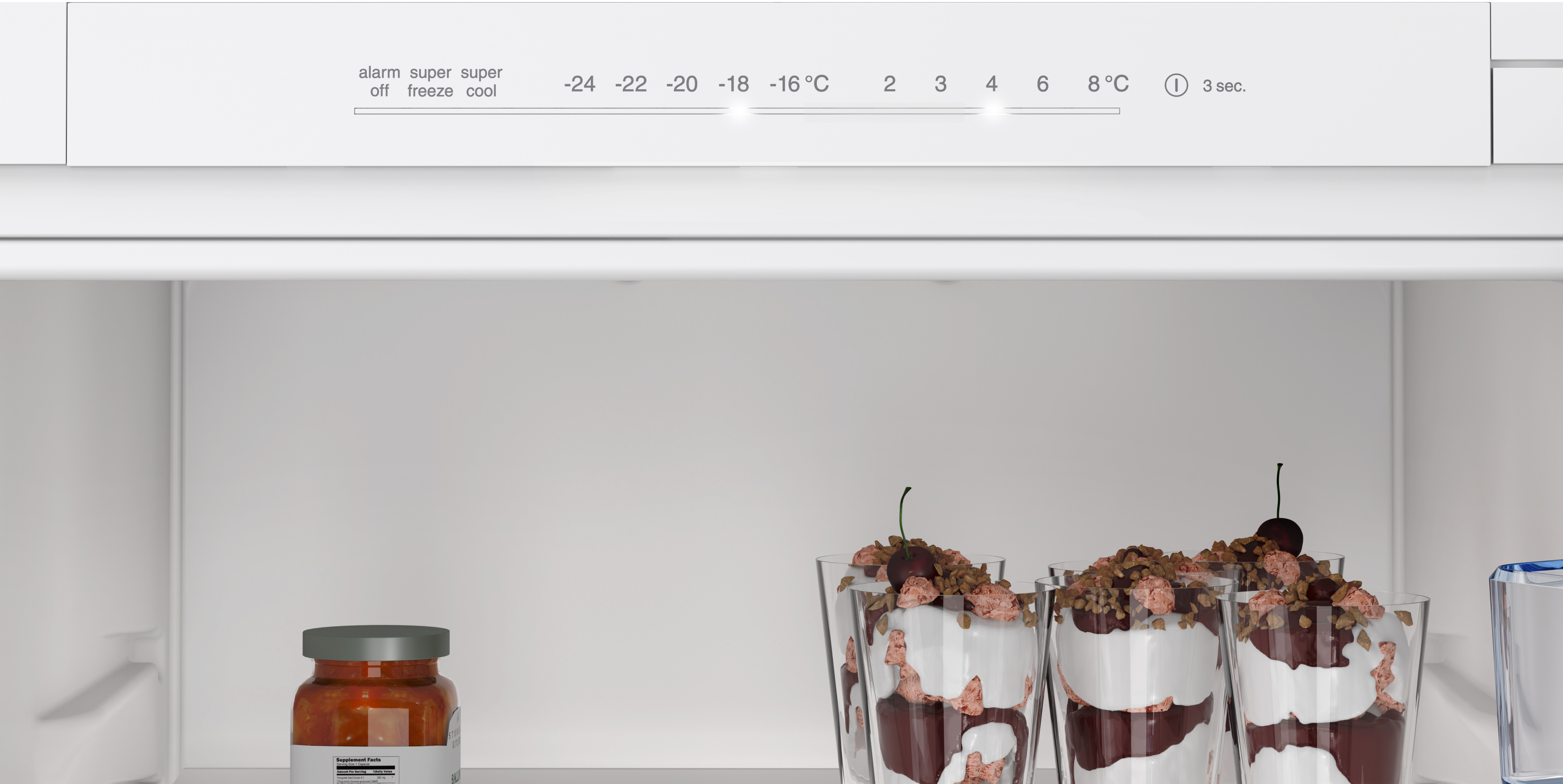 Kühlschrank-Bedienfeld mit Temperatureinstellungen und Ansicht des Innenraums.