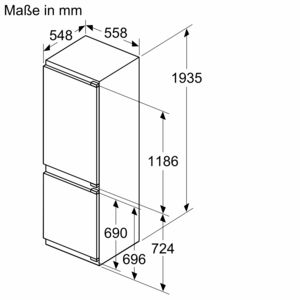 Kühlschrank. Maßdiagramm. Zwei Türen. Maße in mm: Höhe, Breite und Tiefe.