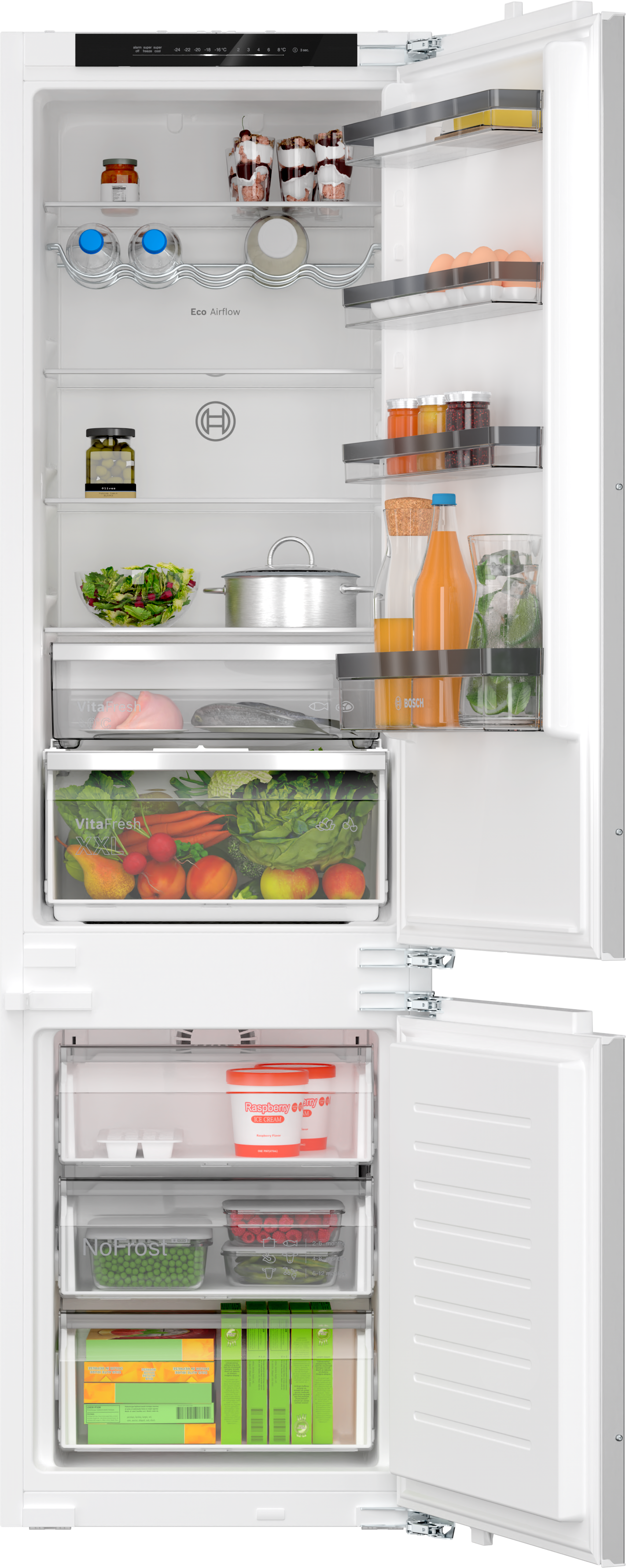Weißer Kühlschrank mit offenen Türen, die Regale mit Lebensmitteln und ein Gefrierfach zeigen.
