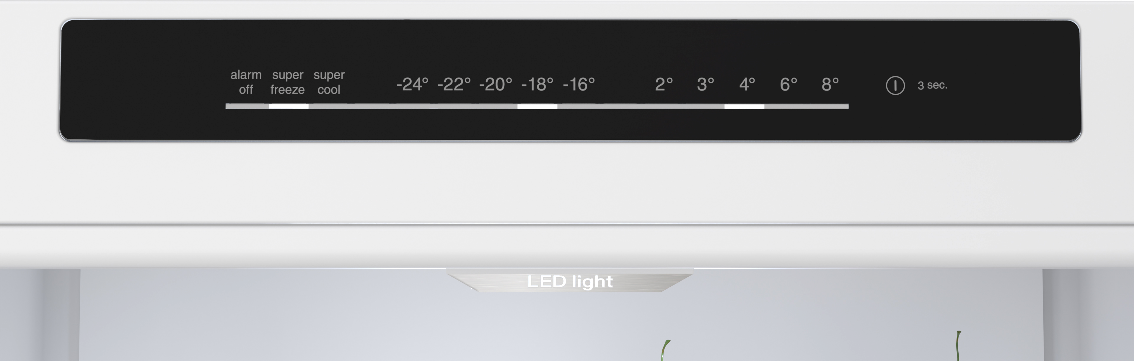 Kühlschrankinnenraum mit Temperaturregler, LED-Licht und Temperatureinstellungen.