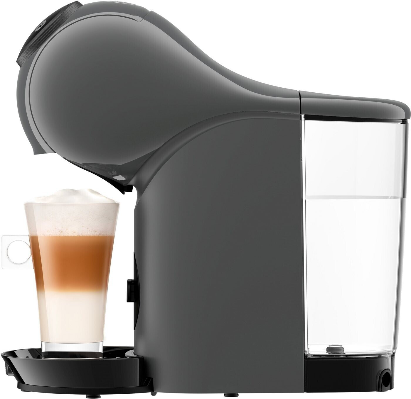 Sötétszürke kávéfőző, oldalnézet latte-val.