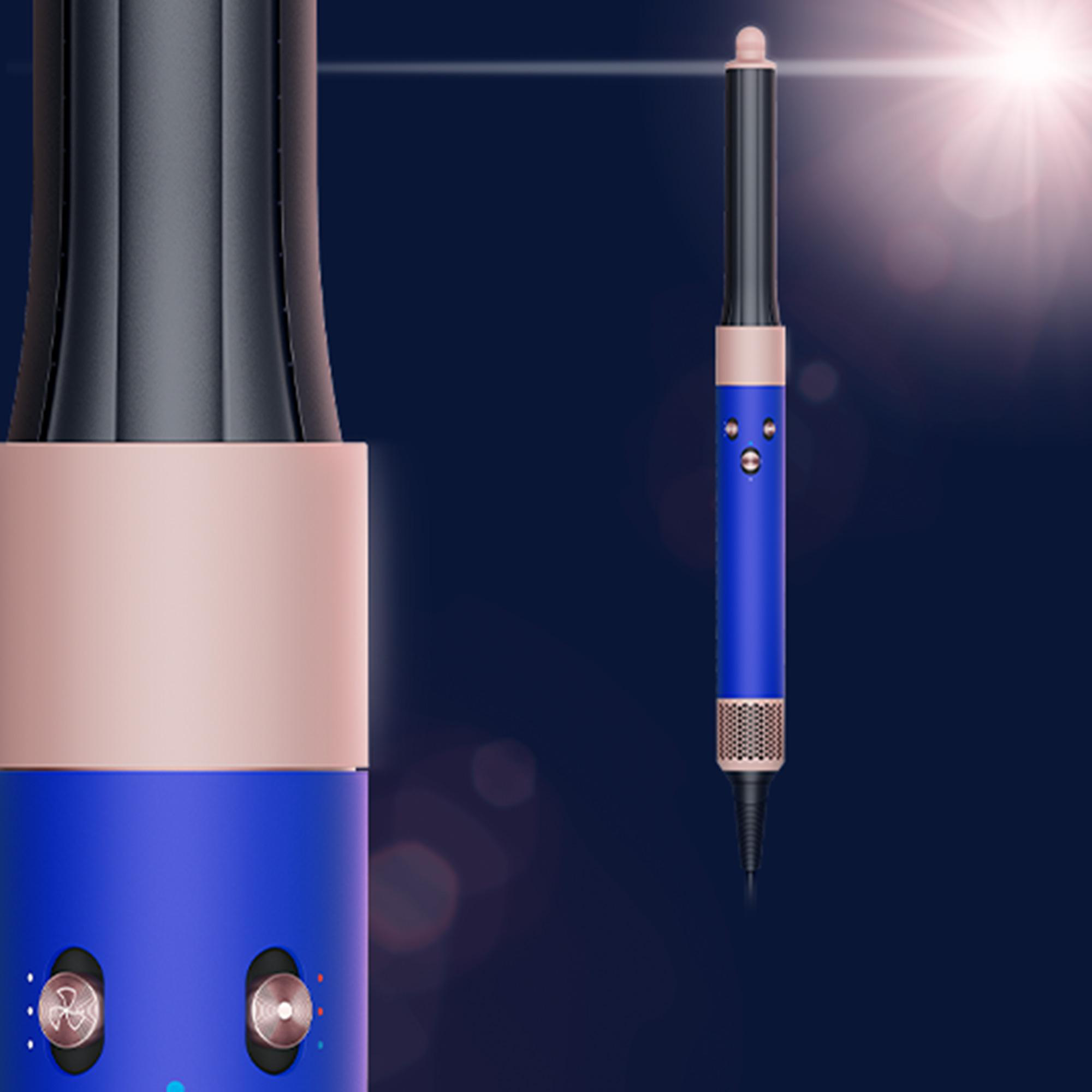 Ein blauer und roségoldener Haartrockner mit dem Griff links.