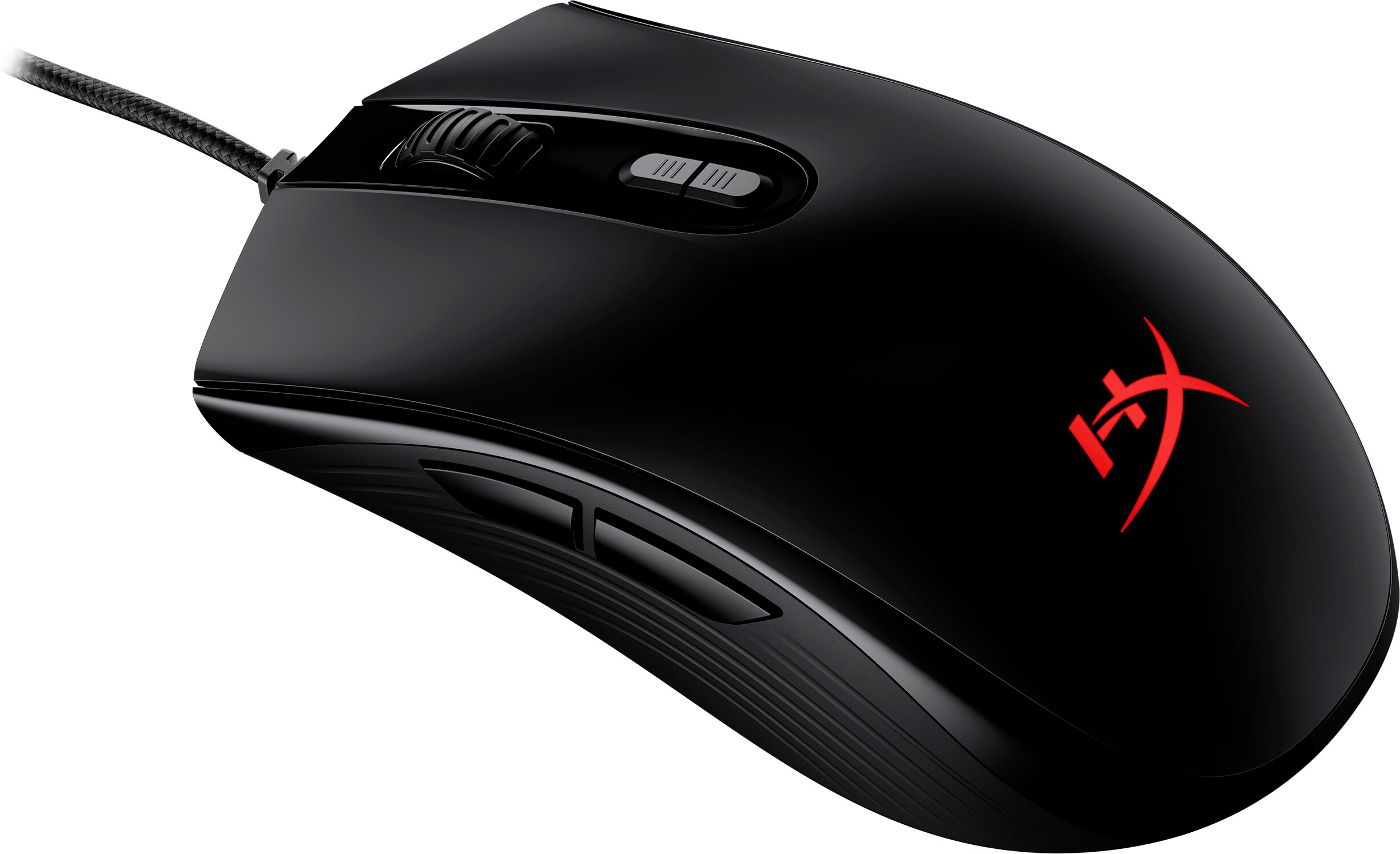 Schwarze Gaming-Maus mit rotem Logo und Seitentasten, an Kabel angeschlossen.