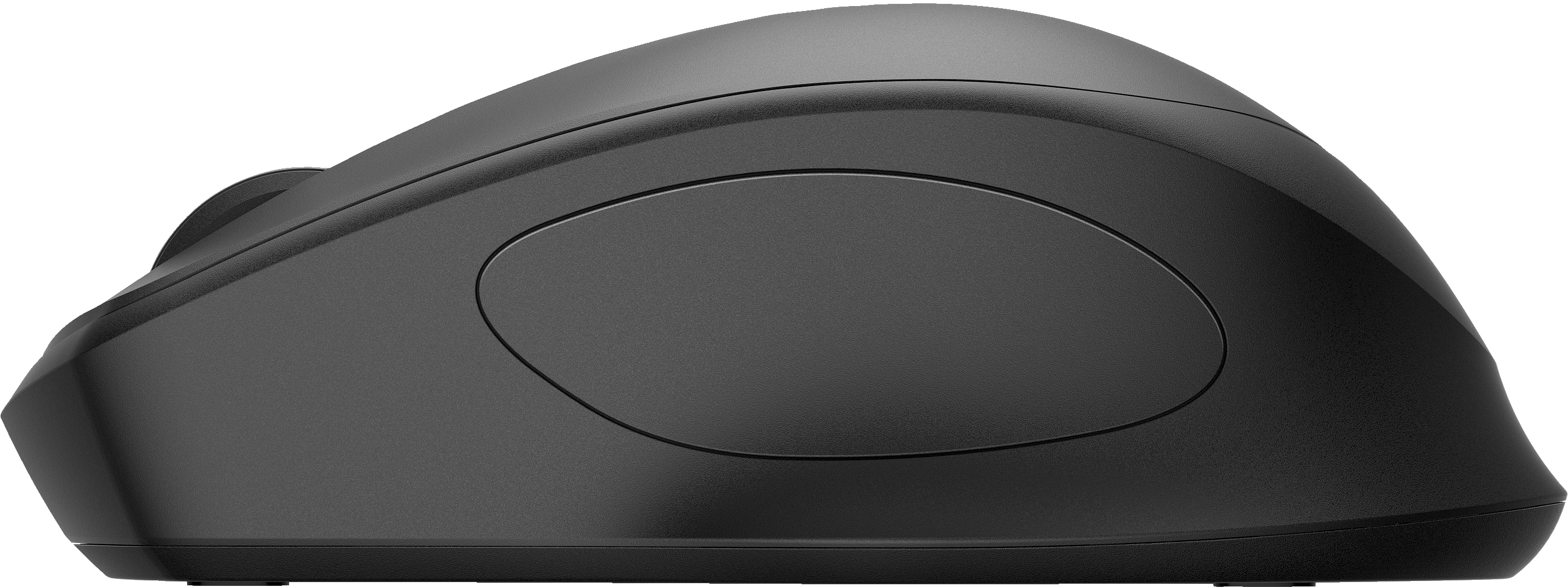 A black computer mouse, seen from the side, with a curved shape and an oval indentation.