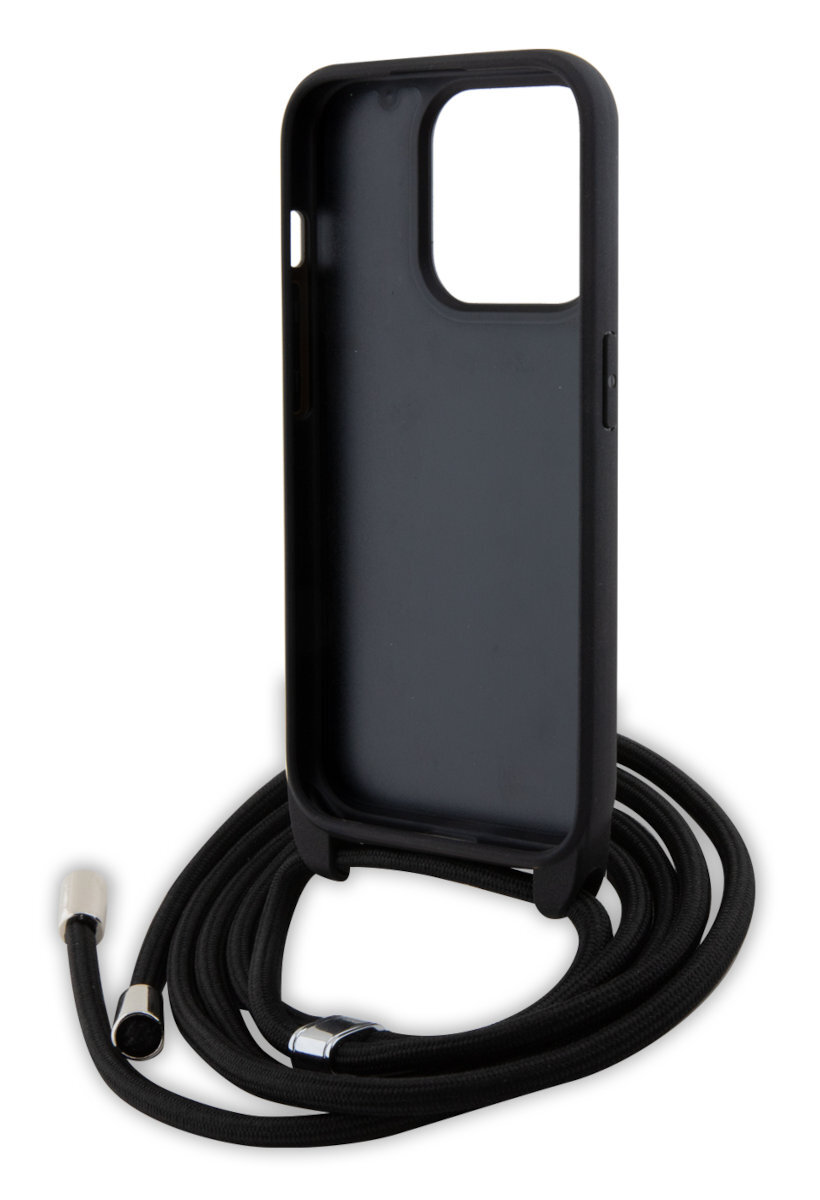 Czarne etui na telefon ze smyczą. Etui ma wycięcie na aparat.