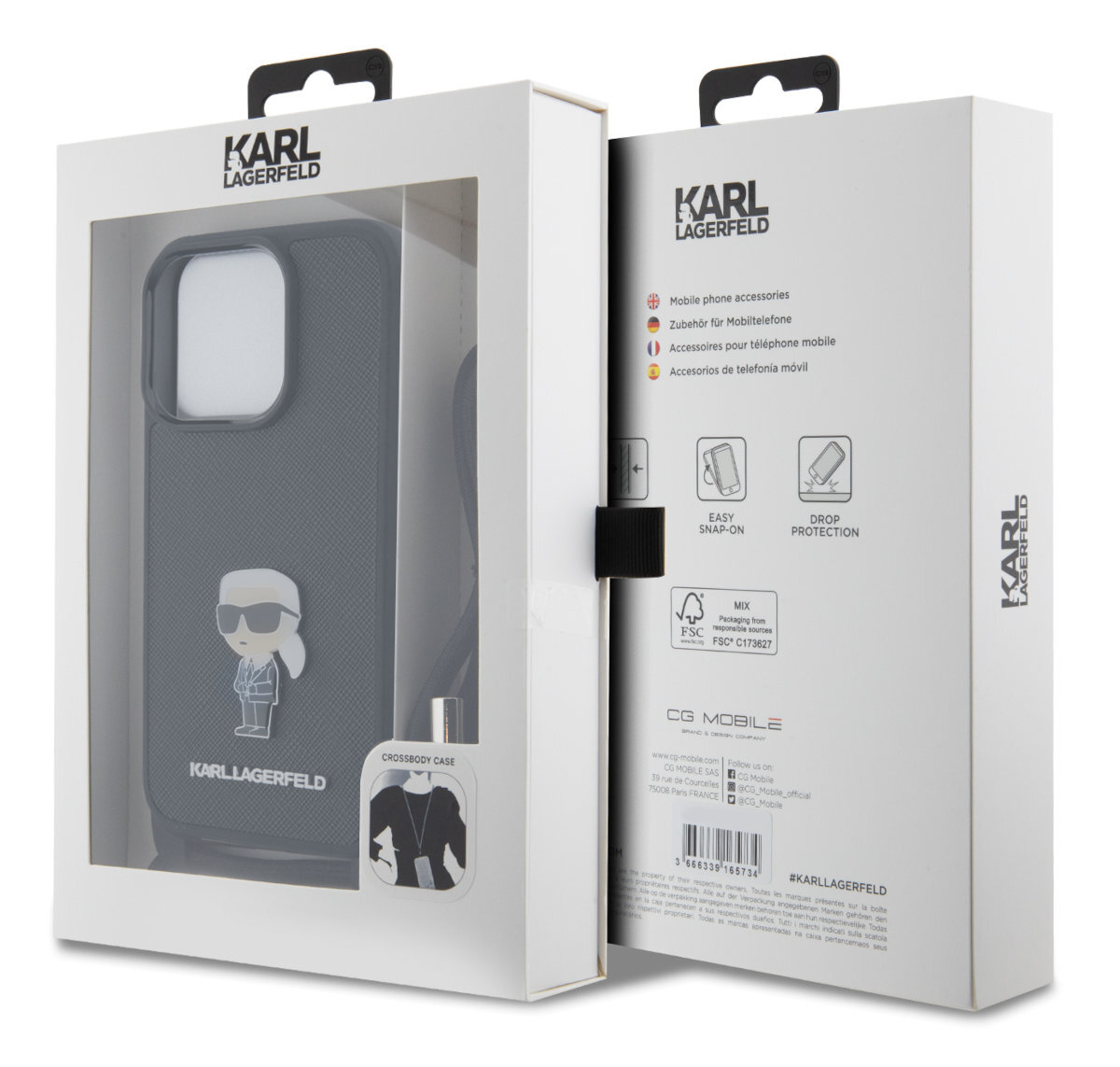 Pudełko na etui na telefon KARL LAGERFELD, ze zdjęciem etui i rysunkiem Karla Lagerfelda.