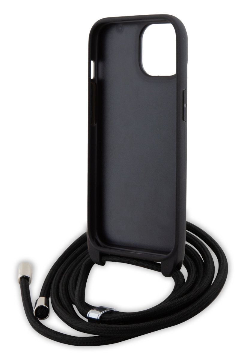 Czarny futerał na telefon z czarnym sznurkiem. Futerał jest pusty. Białe tło.