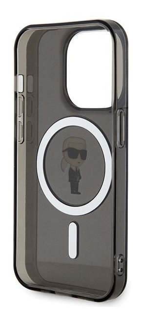 Czarne etui na telefon z kreskówką Karla Lagerfelda na białym tle.