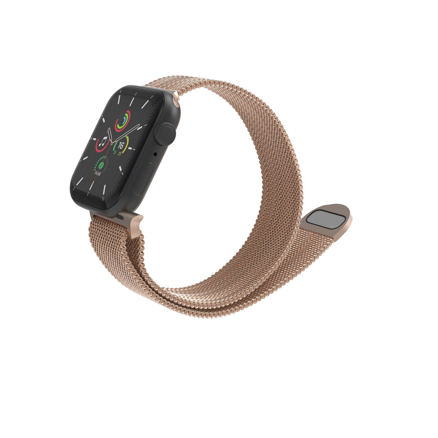 Apple Watch met een metalen band. De horloge is zwart en de band is goud.