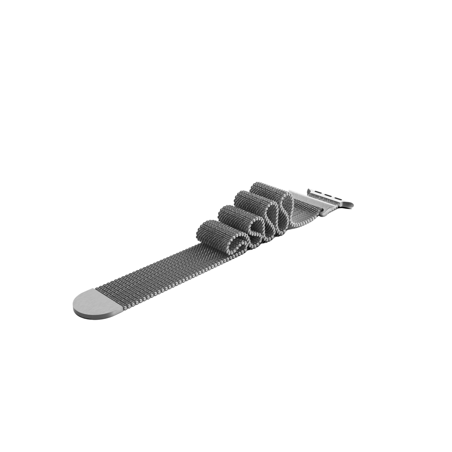 Zilveren horlogeband. Metalen mesh band, opgerold op een zwarte achtergrond.