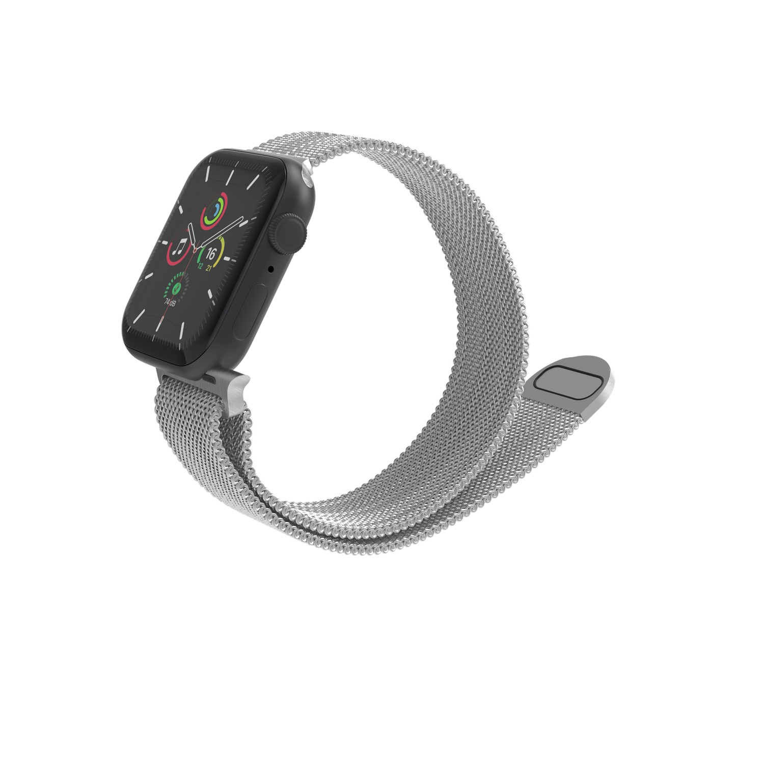Zwarte Apple Watch met zilveren band, toont een wijzerplaat.