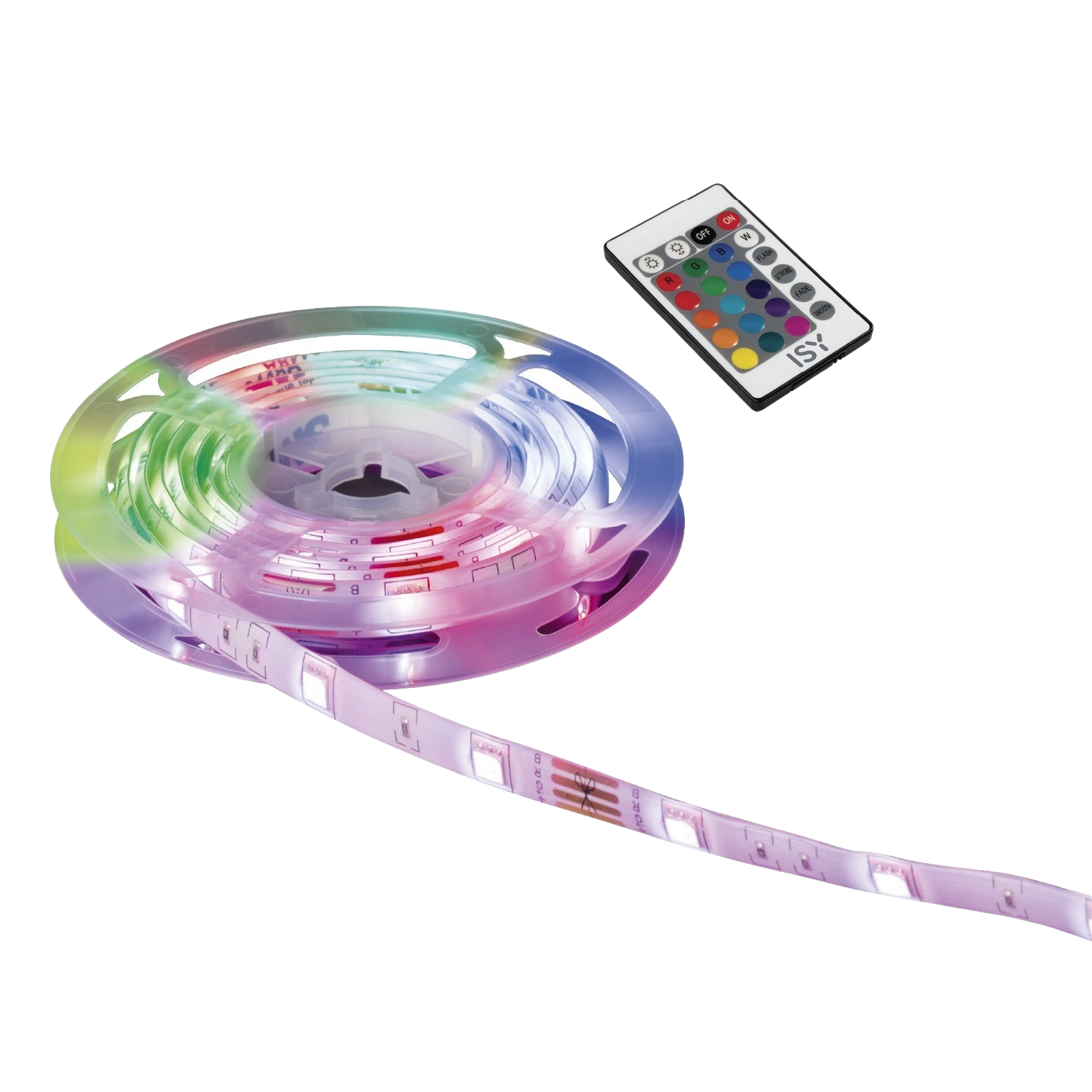 Opgerolde LED-stripverlichting met afstandsbediening op witte achtergrond.
