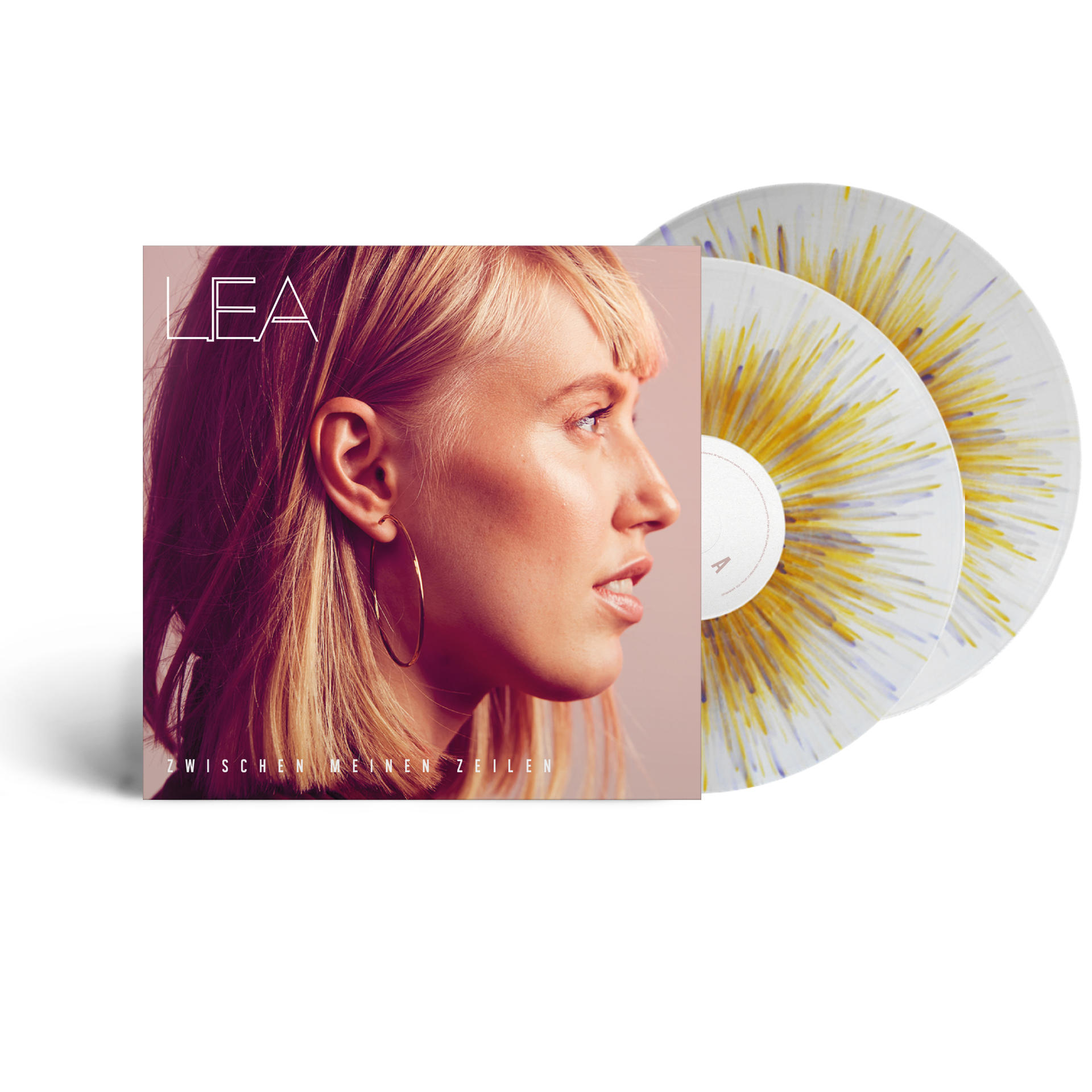 Albumcover mit dem Profil einer blonden Frau und zwei Schallplatten mit gelb-weißem Design.