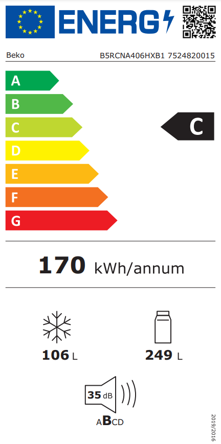 Beko hűtőszekrény energia címkéje, C energiaosztály és 170 kWh/év fogyasztás.