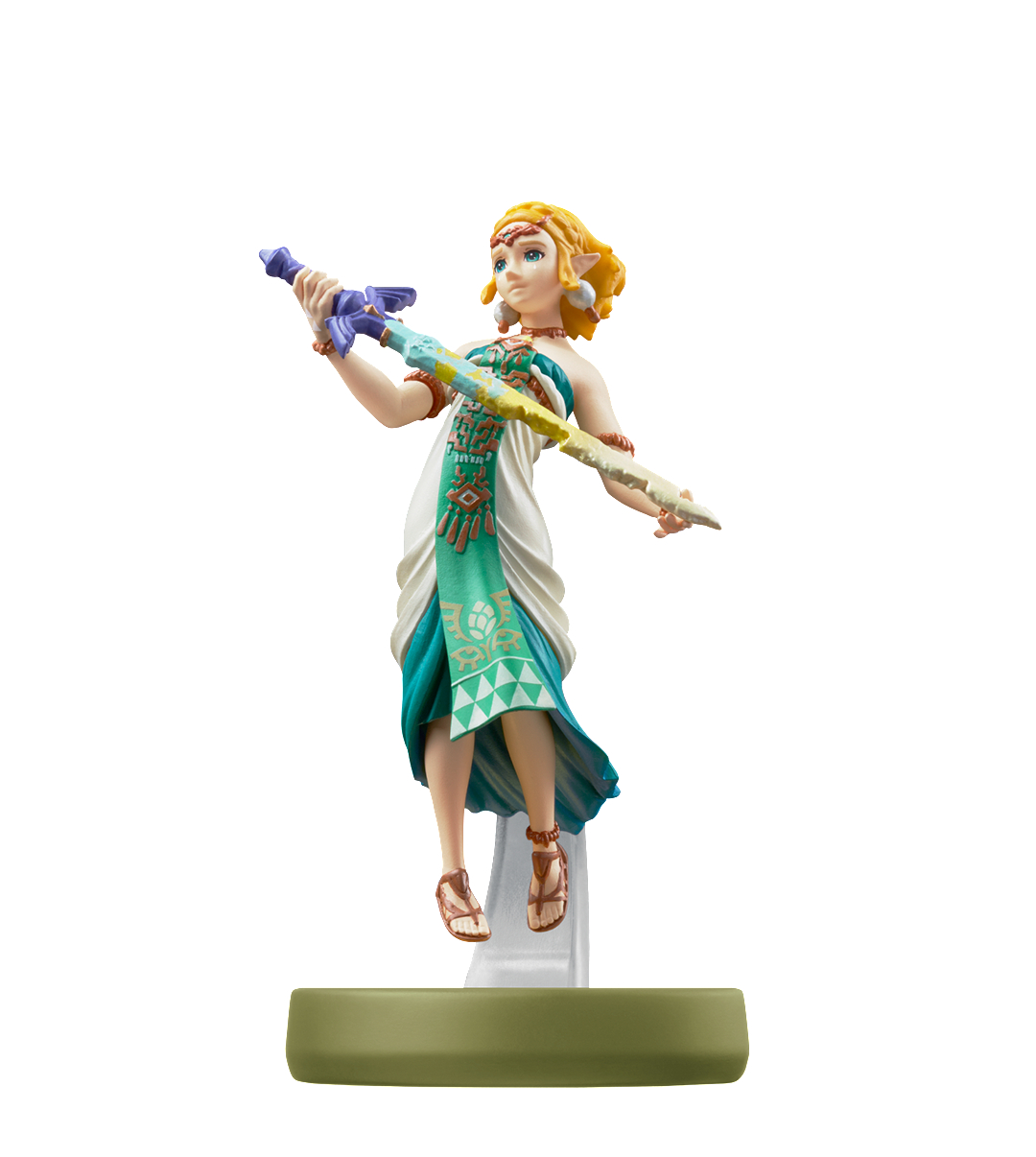 Eine Figur von Zelda aus dem Videospiel, die ein Schwert hält und auf einer grünen Basis steht.