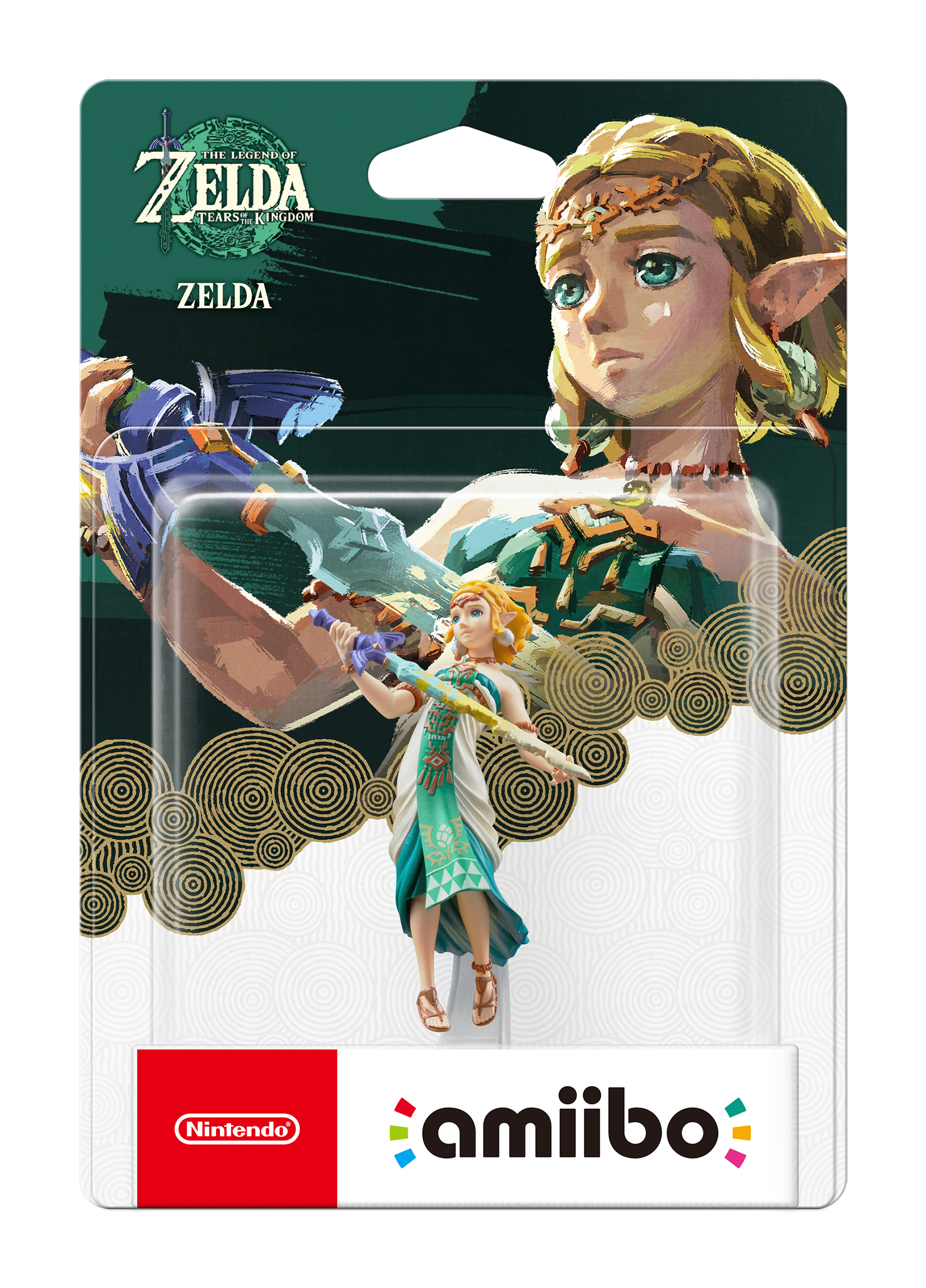 Zelda Amiibo-Figur in Verpackung, Zelda Tears of the Kingdom und eine Frau.