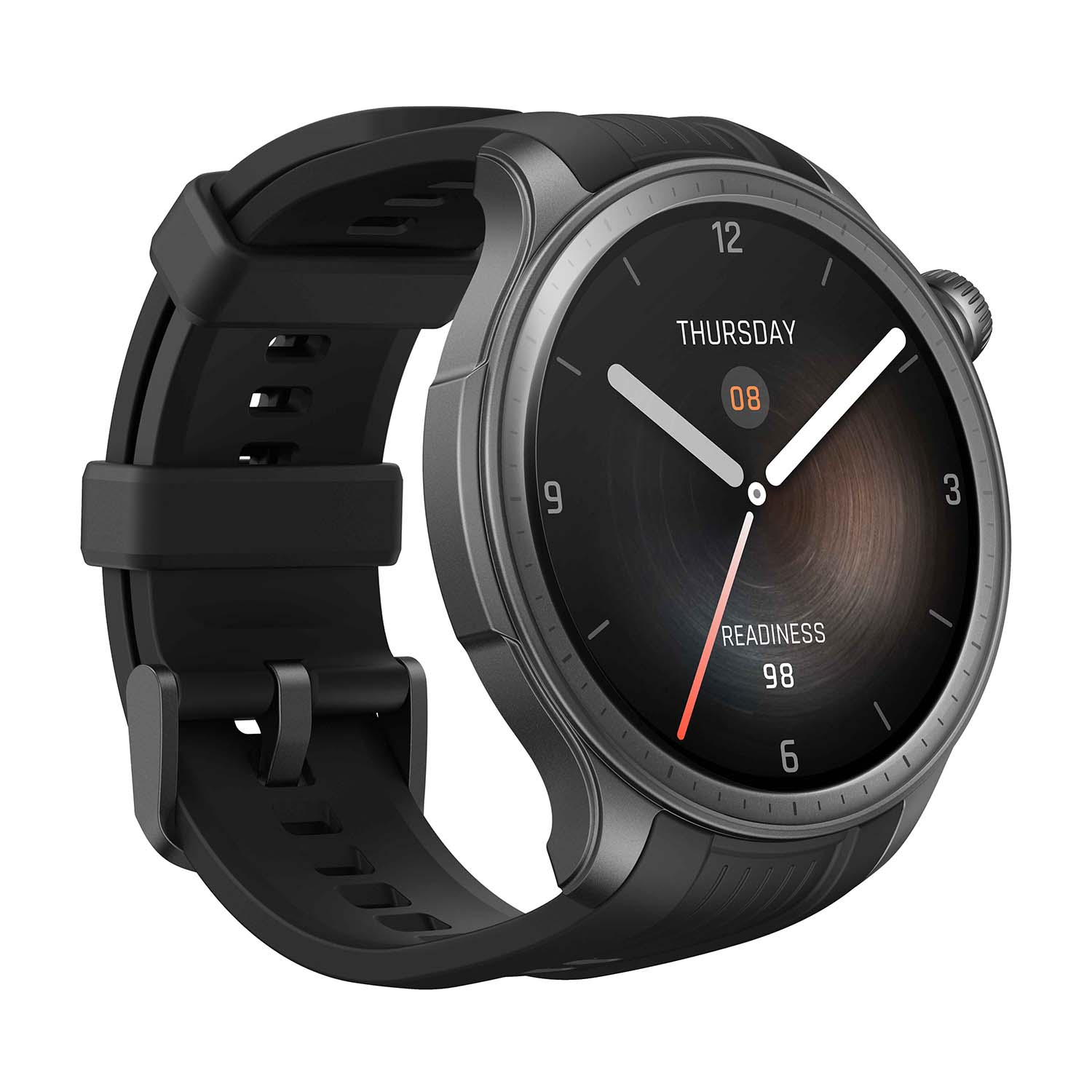 Smartwatch nero con quadrante rotondo che mostra l'ora e la prontezza. Cinturino nero. Sfondo scuro.