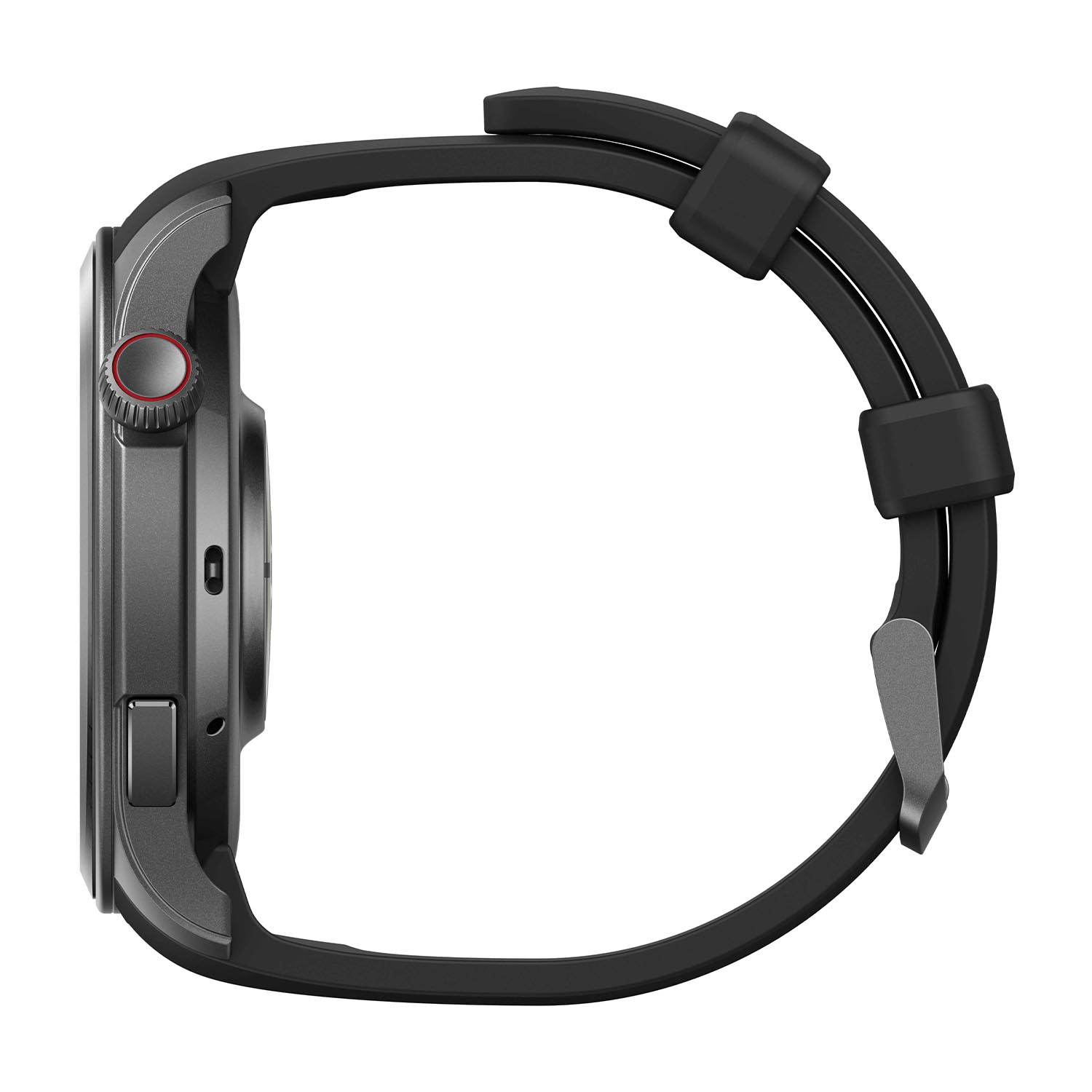 Vista laterale di uno smartwatch nero con cinturino nero, pulsante del quadrante rosso e cassa grigia.