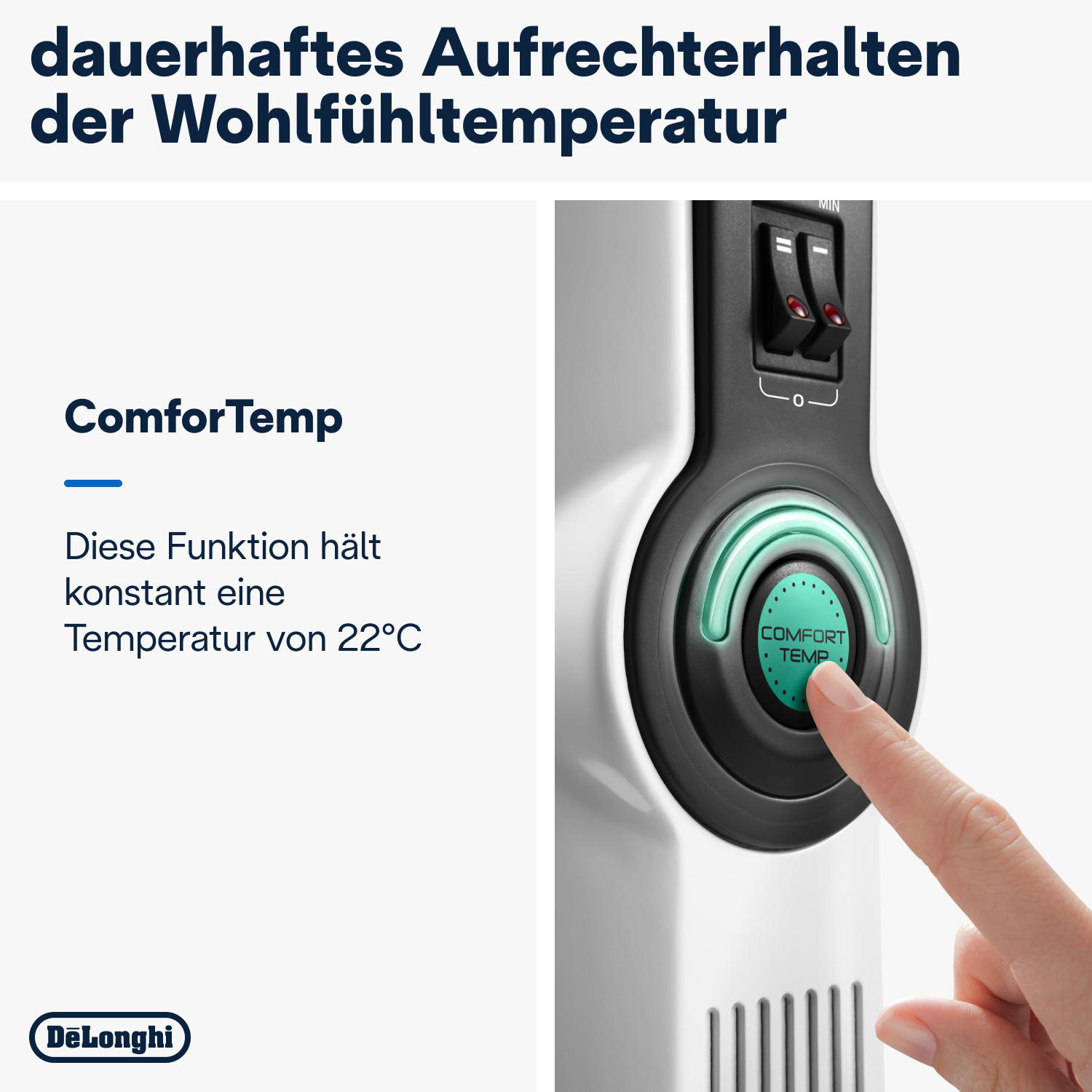 Der Finger einer Person drückt eine Taste an einer Heizung. Text sagt "Comfort Temp".