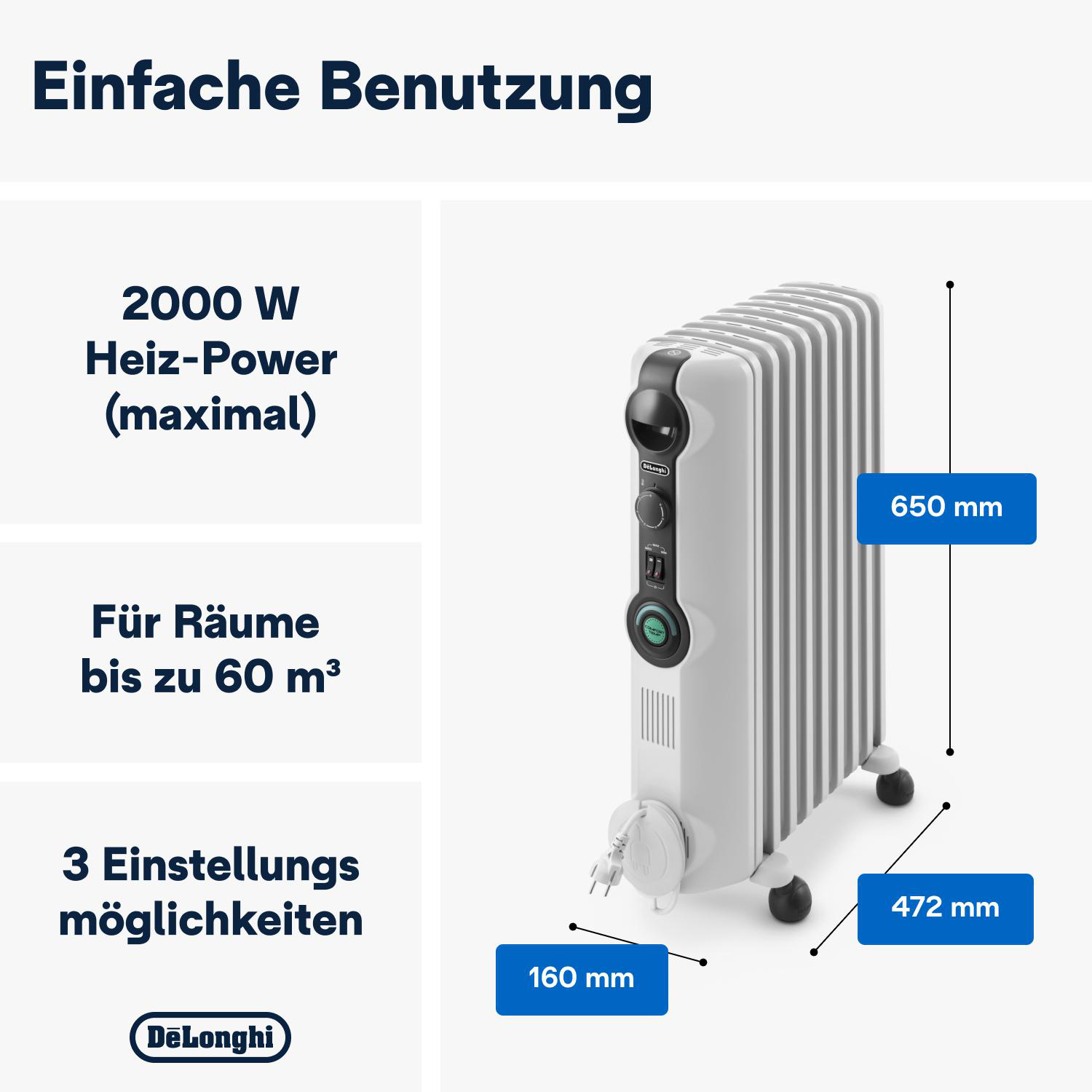Weißer Ölradiator mit Abmessungen und Text auf Deutsch, auf blauem Hintergrund.