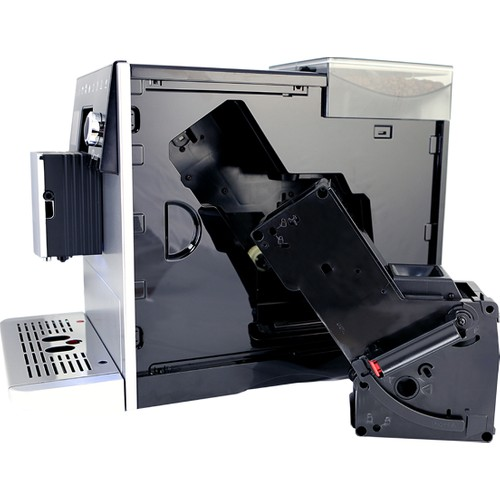 Demleme ünitesi çıkarılmış bir kahve makinesinin yan görünümü.