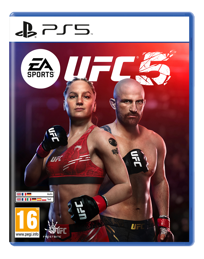UFC 5 PS5-Spielcover mit einer weiblichen und männlichen Kämpferin in Kampfpose. Rot und Schwarz.