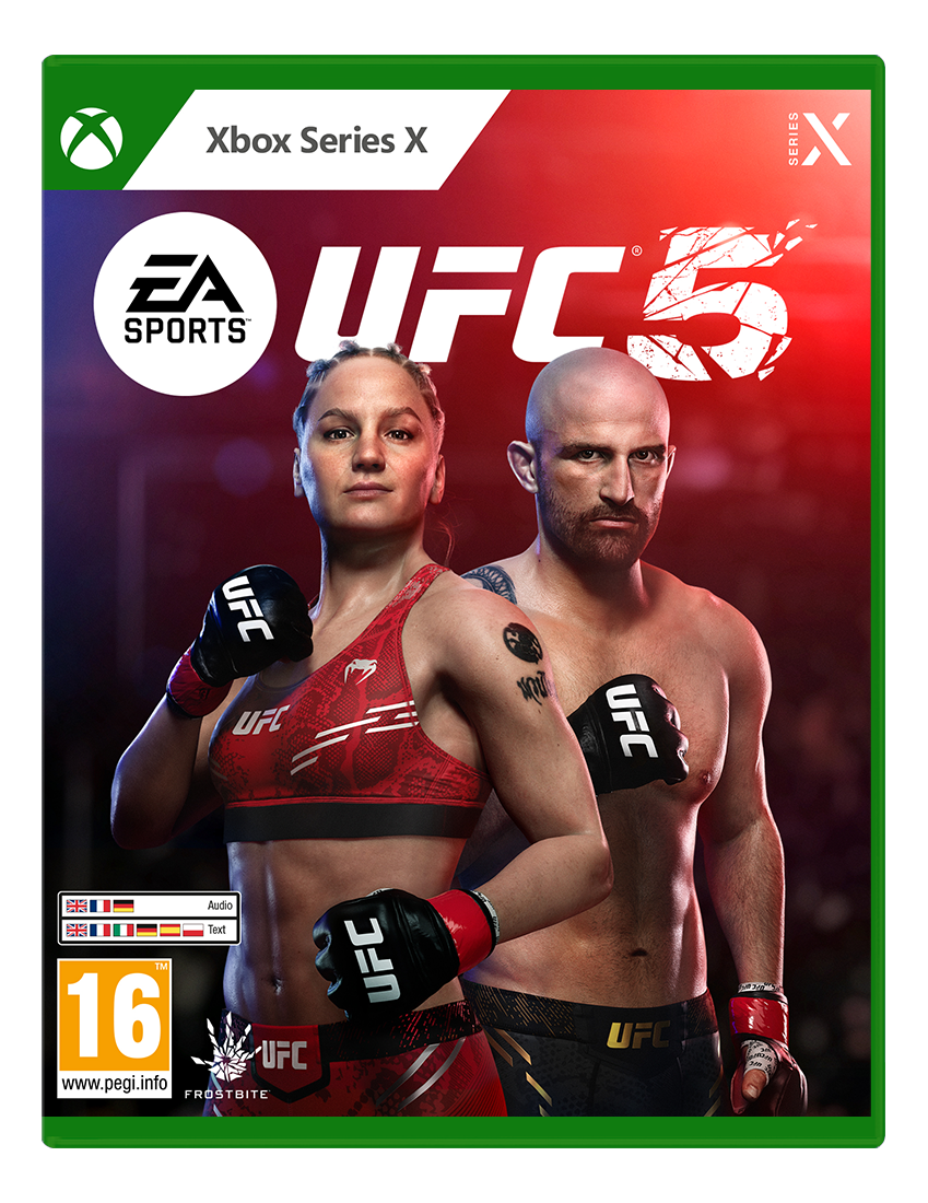 UFC 5 Spielcover: Zwei Kämpfer, männlich und weiblich, mit UFC-Logo und Xbox Series X-Logo.